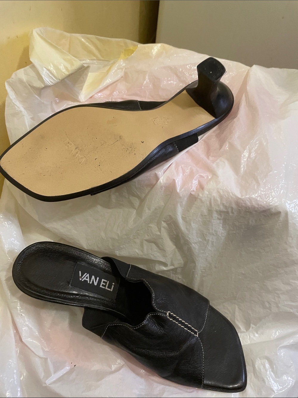 Van Eli Black Leather Square-Toe Slip-On Mules with Low Heel